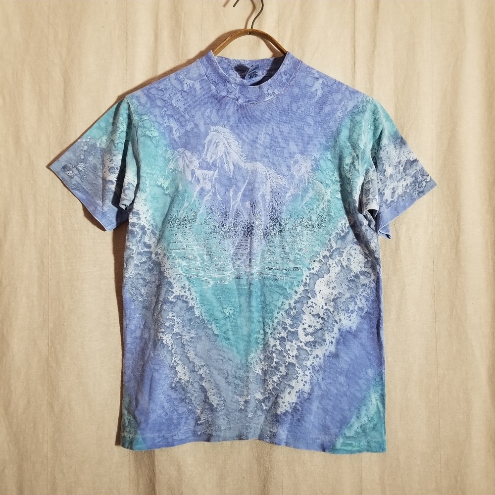 Horse Graphic Tie Dye Glitter Tee Shirt Top Cotton Medium Blue Green